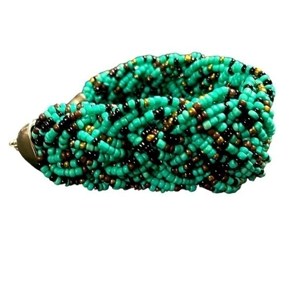Multi Strand Indian Beaded Braided Bracelet - Turquoise, Gold & Brown